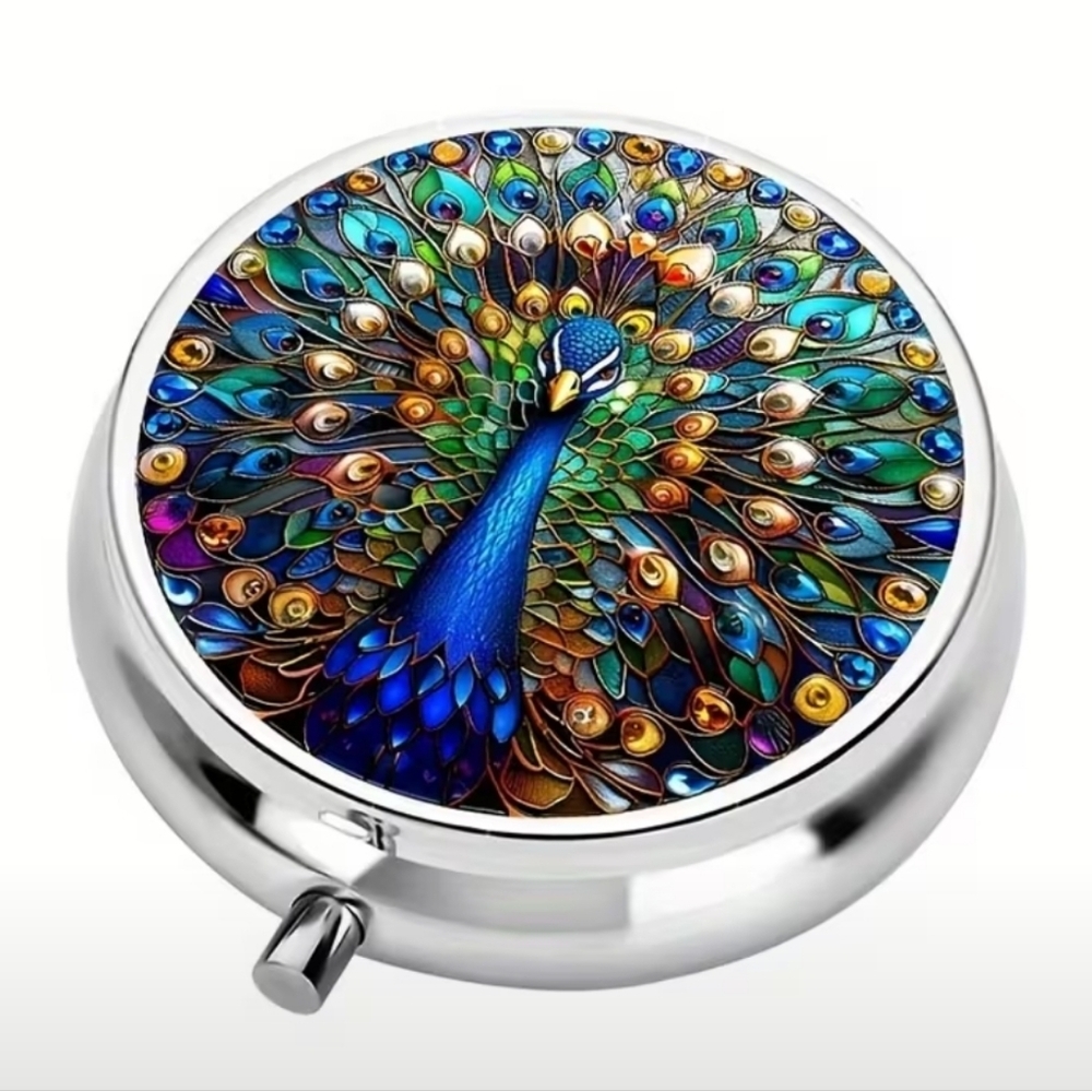 🆕️💊🦚 PEACOCK PORTABLE METAL PILL BOX ORGANIZER WITH MIRROR🦚💊